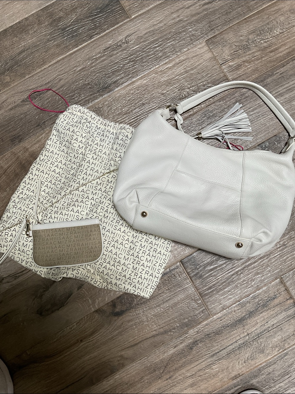 Isaac Mizrahi White Leather Shoulder Hobo with Tassel - Picture 4 of 7